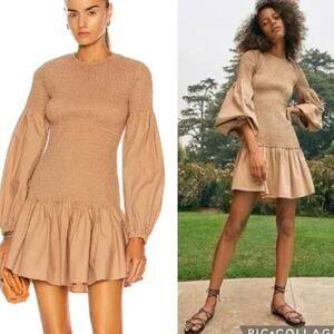 A.L.C. Kora Mini Dress Smocked Ruched Ruffle Hem Nude Neutral M 6 ALC Crewneck